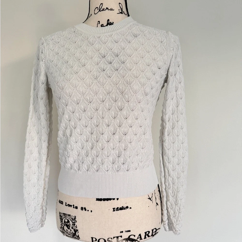 Club Monaco Sweater Pointelle Knit Sz S Ivory Ribbed Collar/Hem Quiet Luxurycore